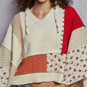 POL Women's V-Neck Patchwork Sweater - Cream, Red, Tan